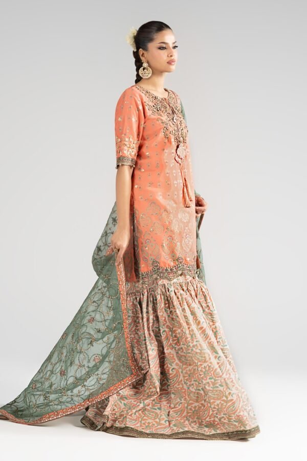 3 Piece Embroidered Raw Silk Suit - Orange