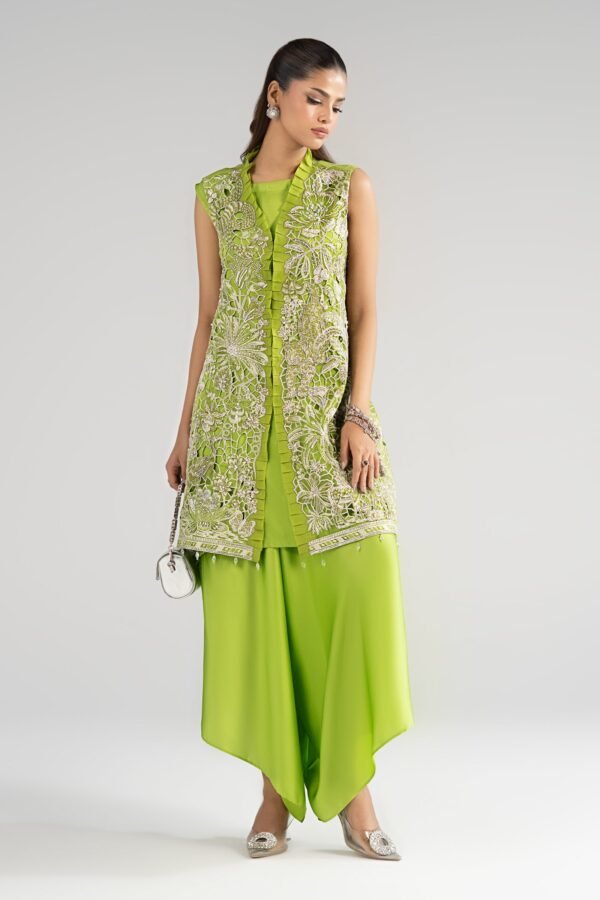 3 Piece Embroidered Organza Suit - Green