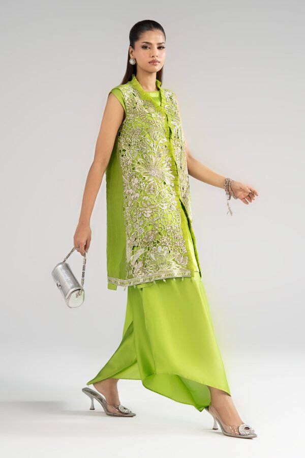 3 Piece Embroidered Organza Suit - Green