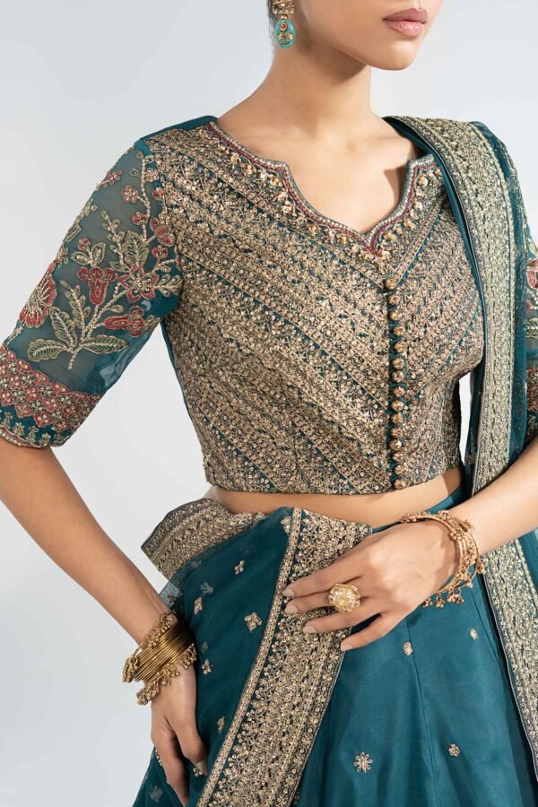 3 Piece Embroidered Raw Silk Suit - Teal