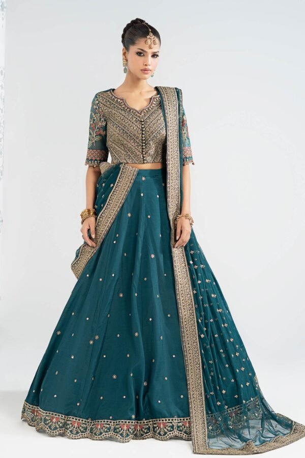 3 Piece Embroidered Raw Silk Suit - Teal