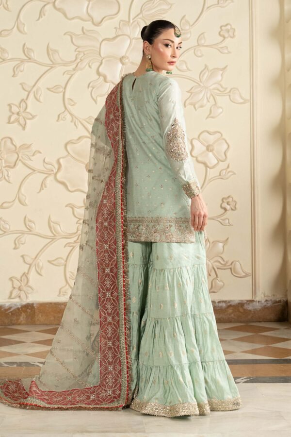 3 Piece Embroidered Cotton Lurex Suit - Sea Green
