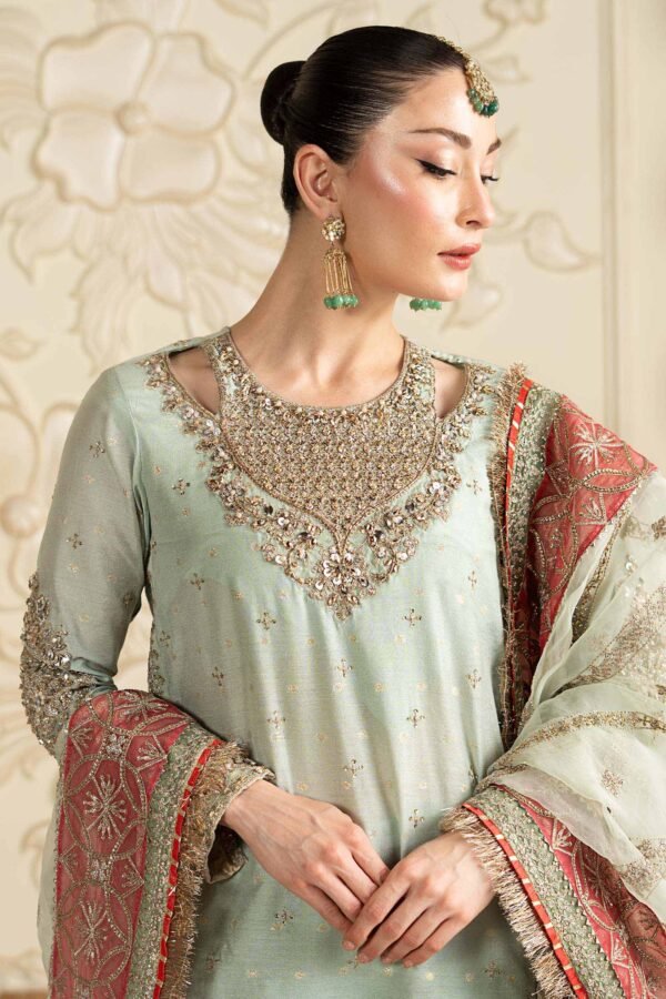 3 Piece Embroidered Cotton Lurex Suit - Sea Green