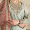 3 Piece Embroidered Cotton Lurex Suit - Sea Green