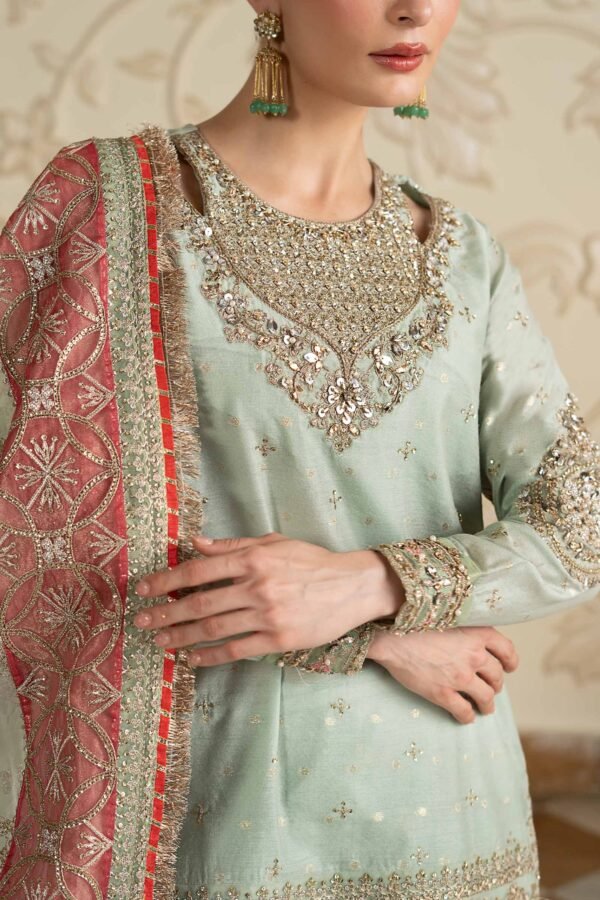 3 Piece Embroidered Cotton Lurex Suit - Sea Green