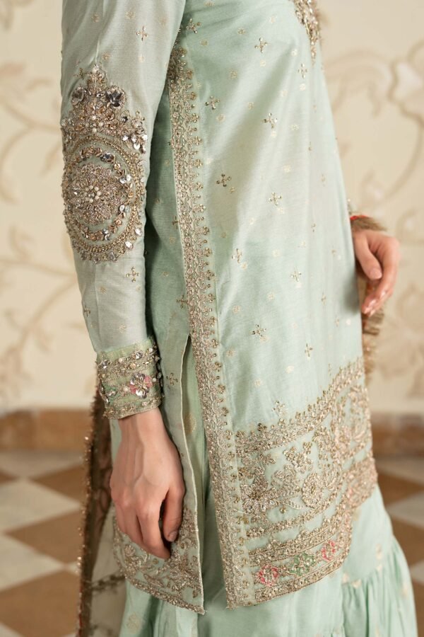 3 Piece Embroidered Cotton Lurex Suit - Sea Green