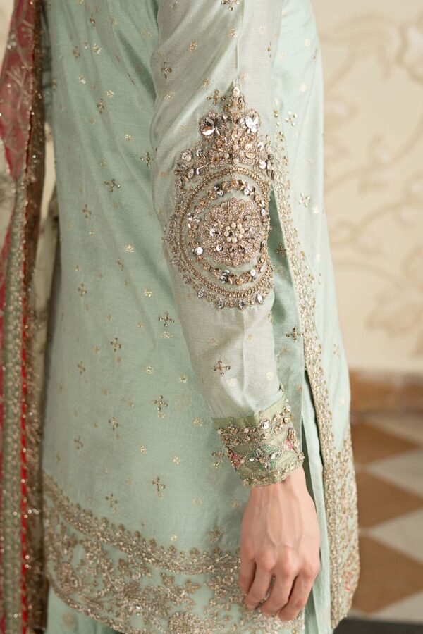 3 Piece Embroidered Cotton Lurex Suit - Sea Green