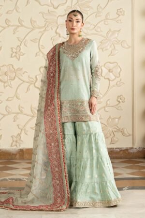 3 Piece Embroidered Cotton Lurex Suit - Sea Green