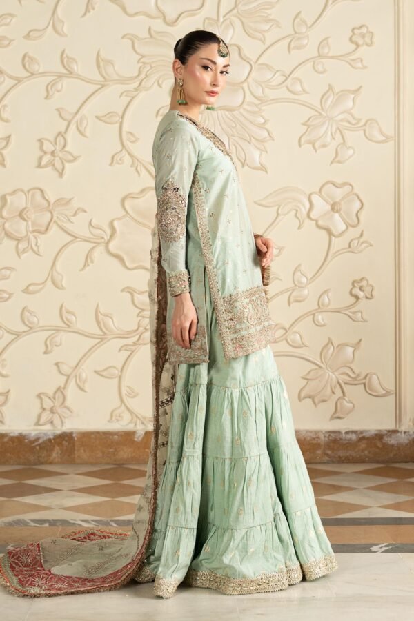 3 Piece Embroidered Cotton Lurex Suit - Sea Green