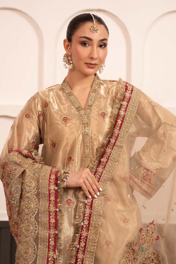 3 Piece Embroidered Tissue Suit - Golden 3 Piece Embroidered Tissue Suit - Golden