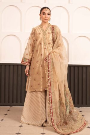 3 Piece Embroidered Tissue Suit - Golden