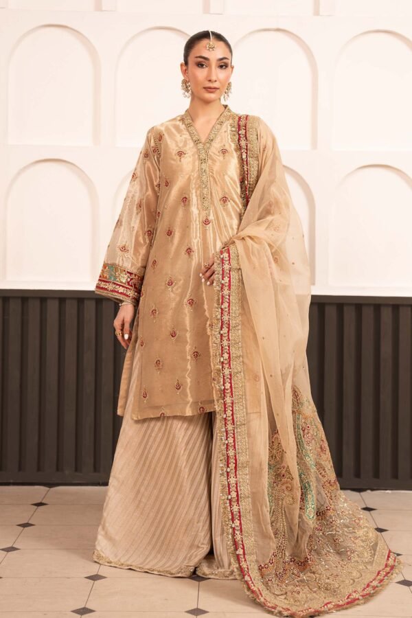 3 Piece Embroidered Tissue Suit - Golden 3 Piece Embroidered Tissue Suit - Golden