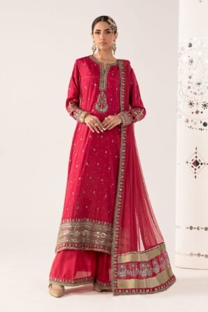 3 Piece Embroidered Raw Silk Suit - Pink