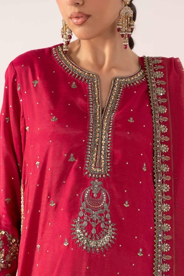 3 Piece Embroidered Raw Silk Suit - Pink