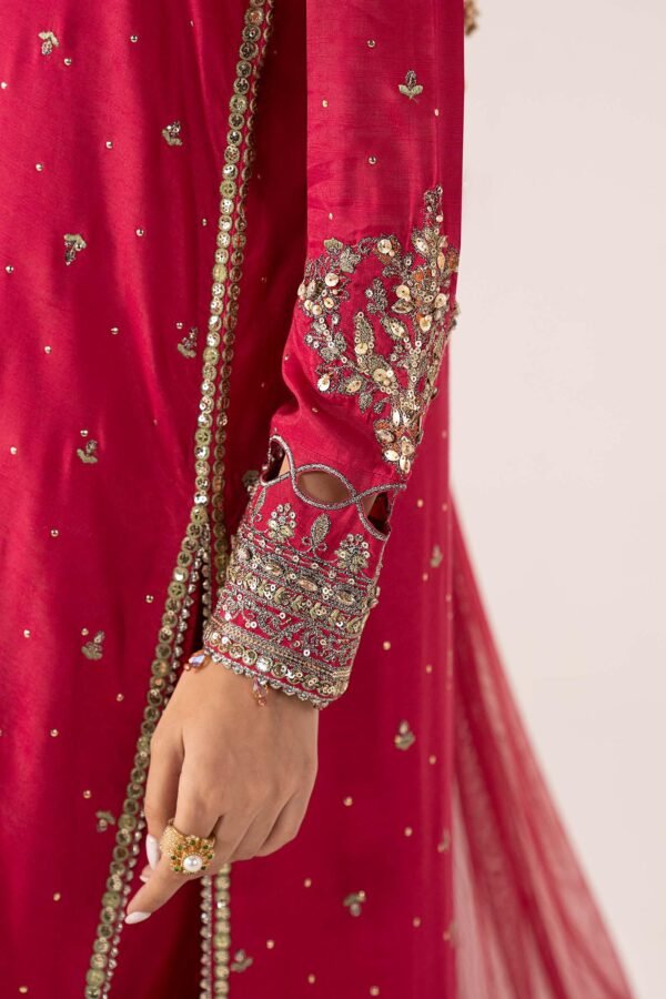 3 Piece Embroidered Raw Silk Suit - Pink