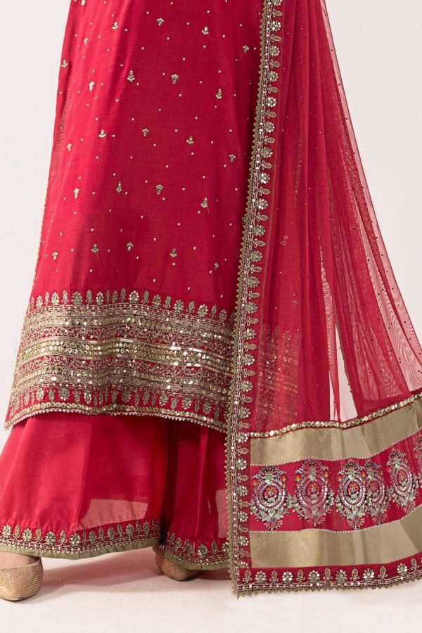 3 Piece Embroidered Raw Silk Suit - Pink
